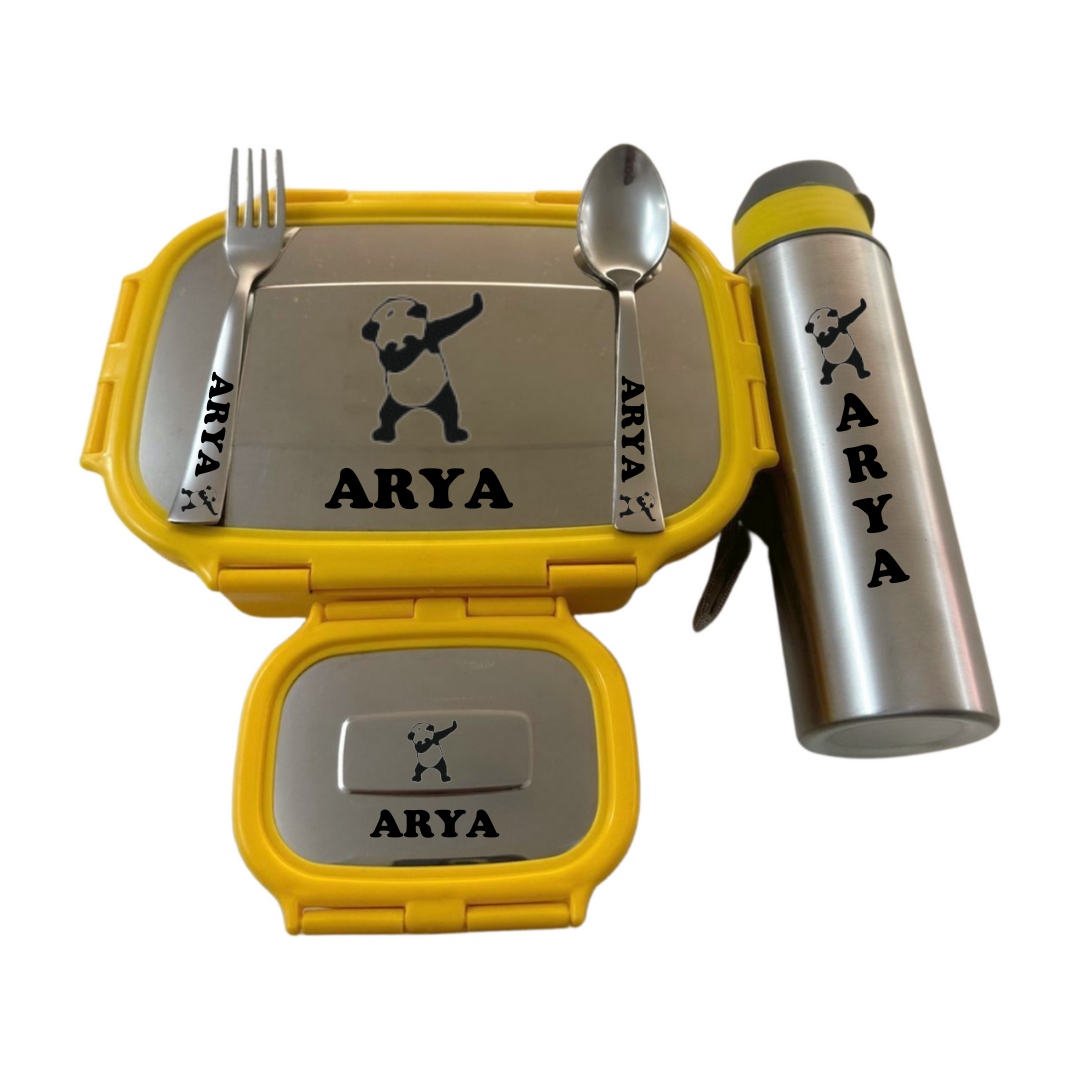 yellow tiffin box with bottle