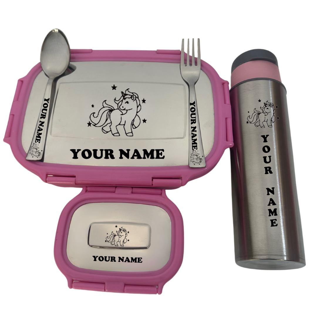 Pink tiffin box with bottle