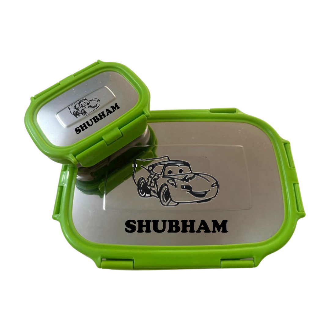 Green tiffin box with bottle