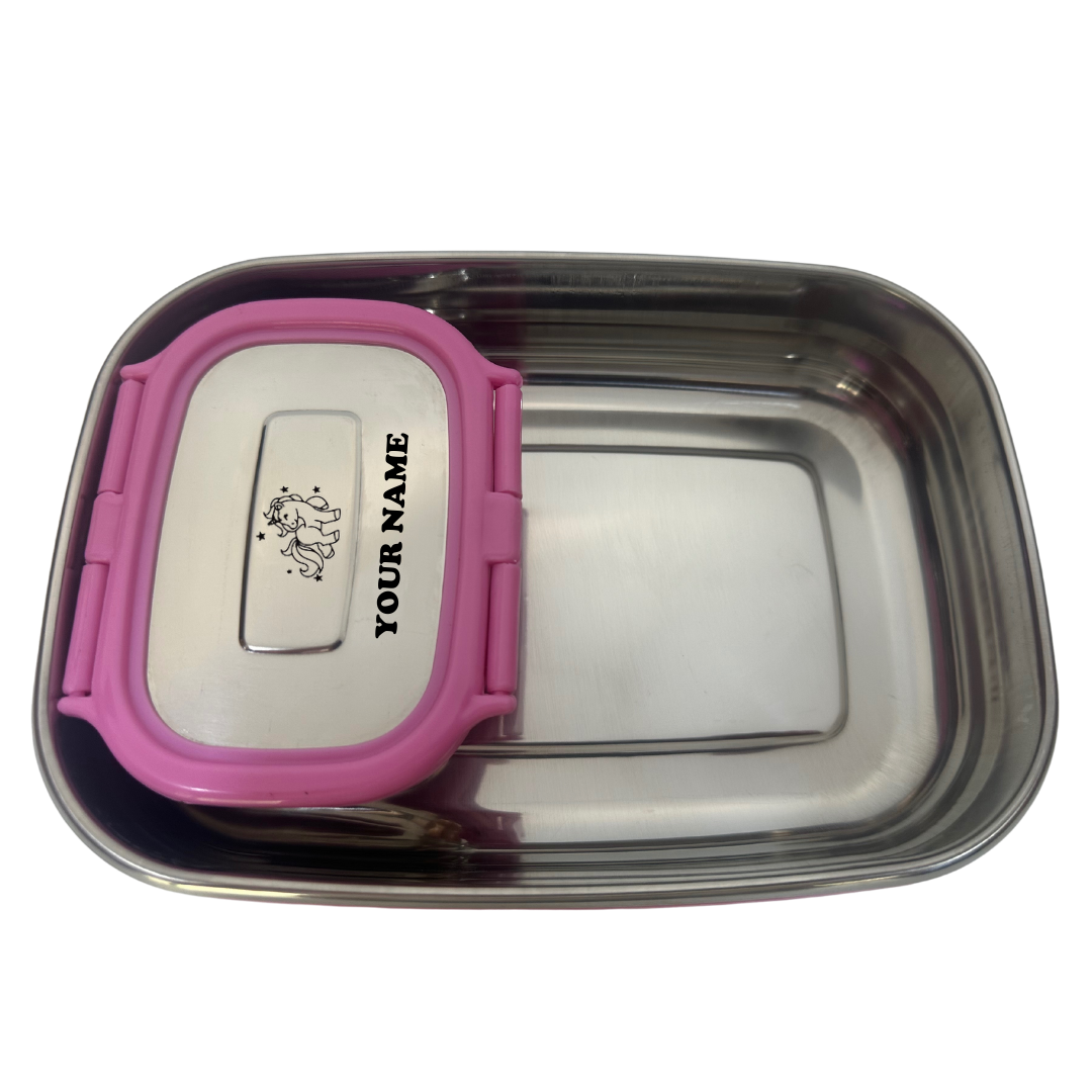 Pink tiffin box with bottle