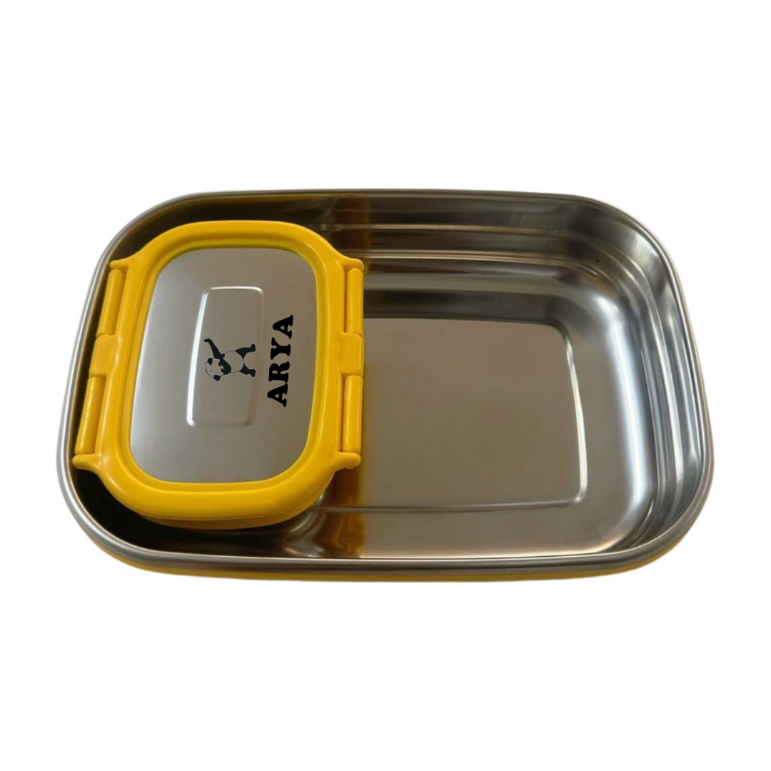 yellow tiffin box with bottle