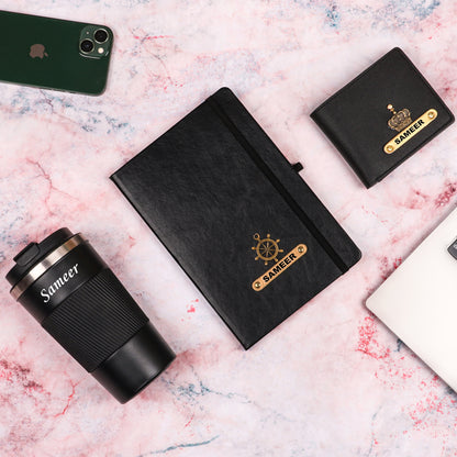 Black tumbler with dairy and wallet
