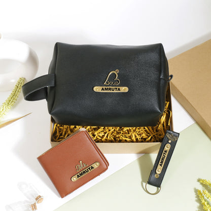Black pouch and keychain with tan mens wallet