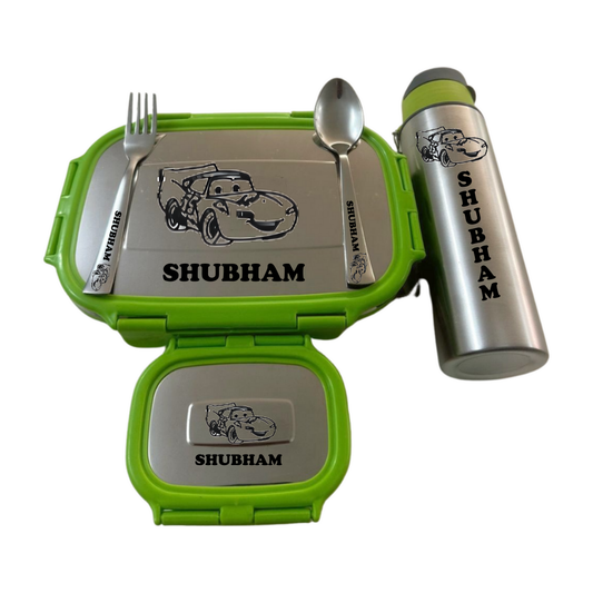 Green tiffin box with bottle