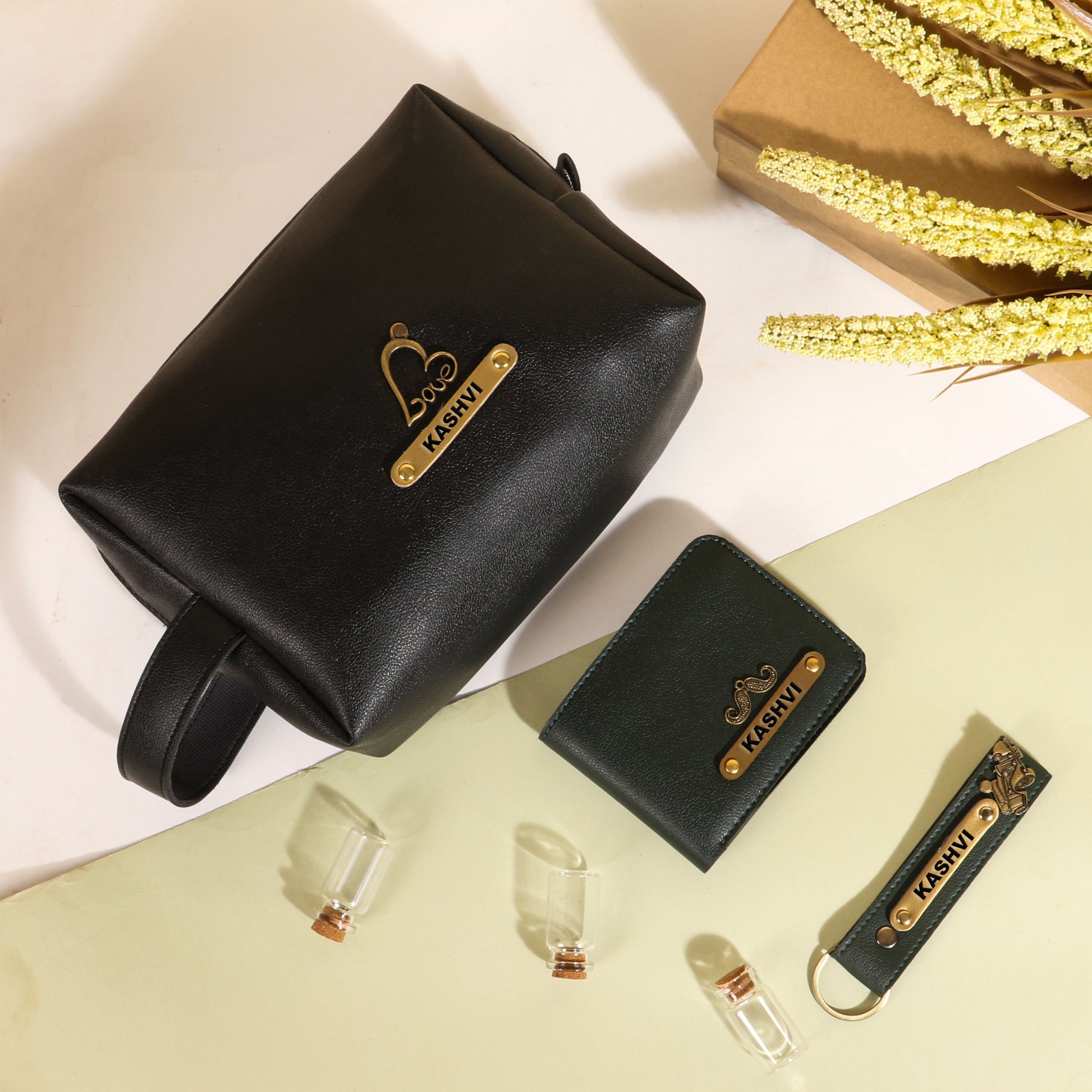 Black pouch with deep olive wallet and keychain