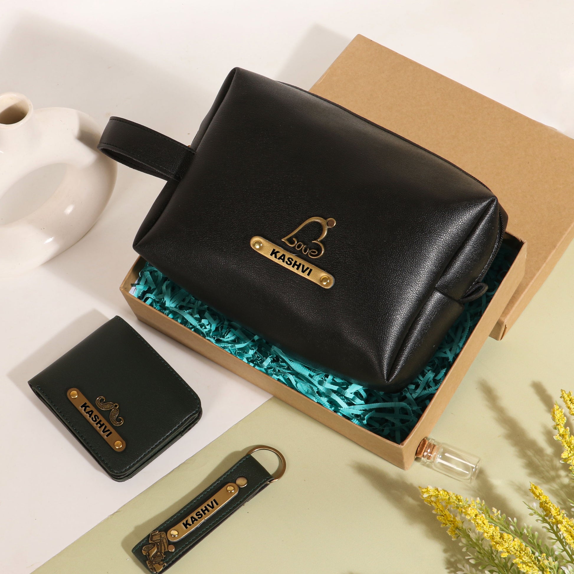 Black pouch with deep olive wallet and keychain