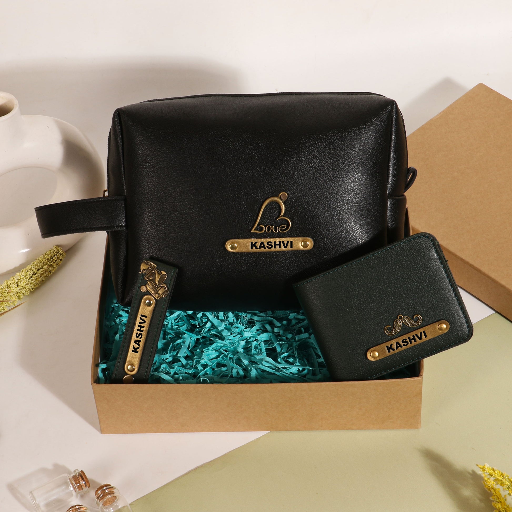 Black pouch with deep olive wallet and keychain