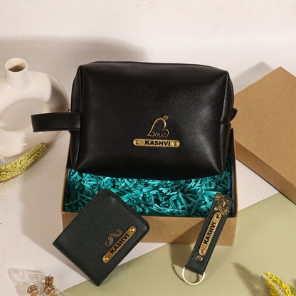 Black pouch with deep olive wallet and keychain